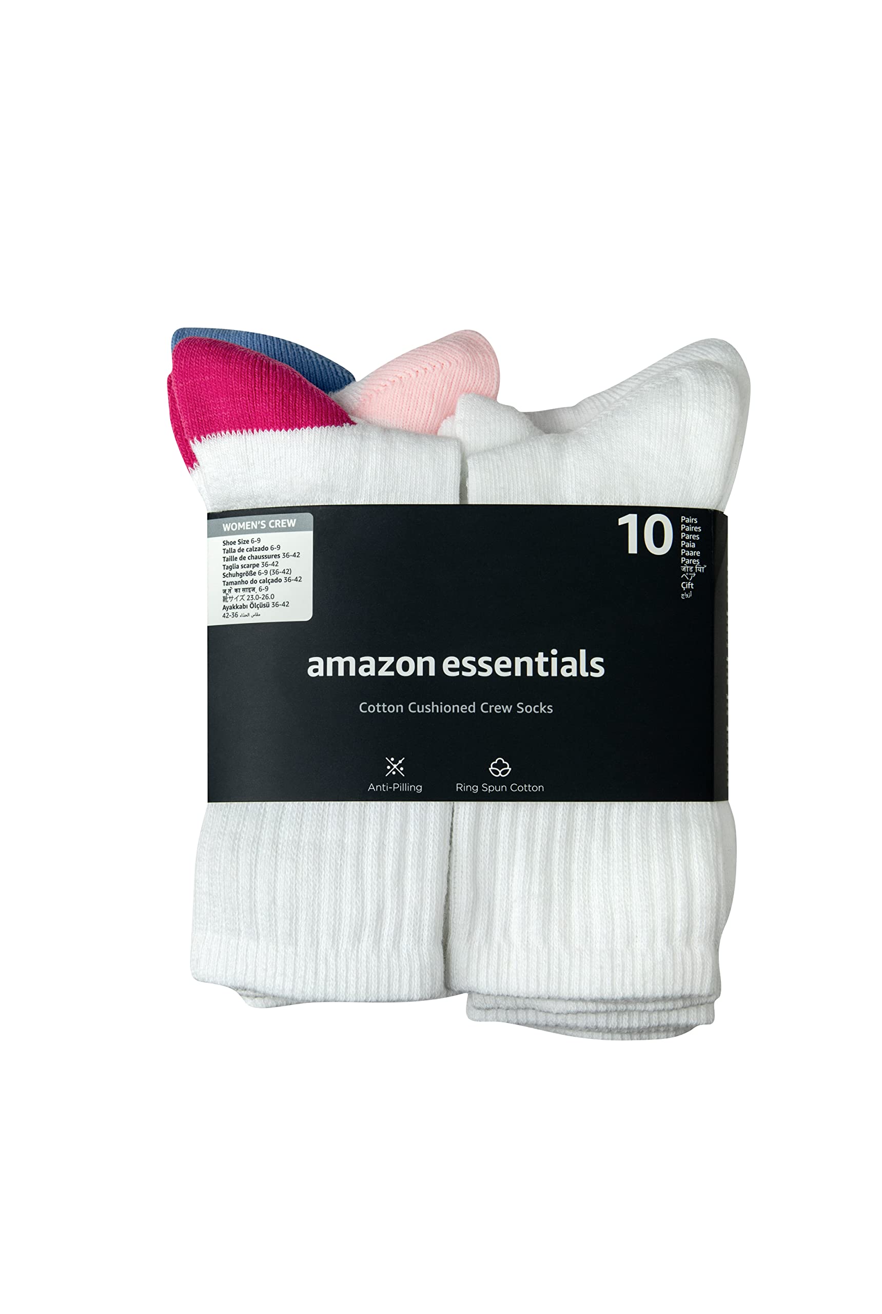 Amazon Essentials Women's Cotton Lightly Cushioned Crew Socks, 10 Pairs
