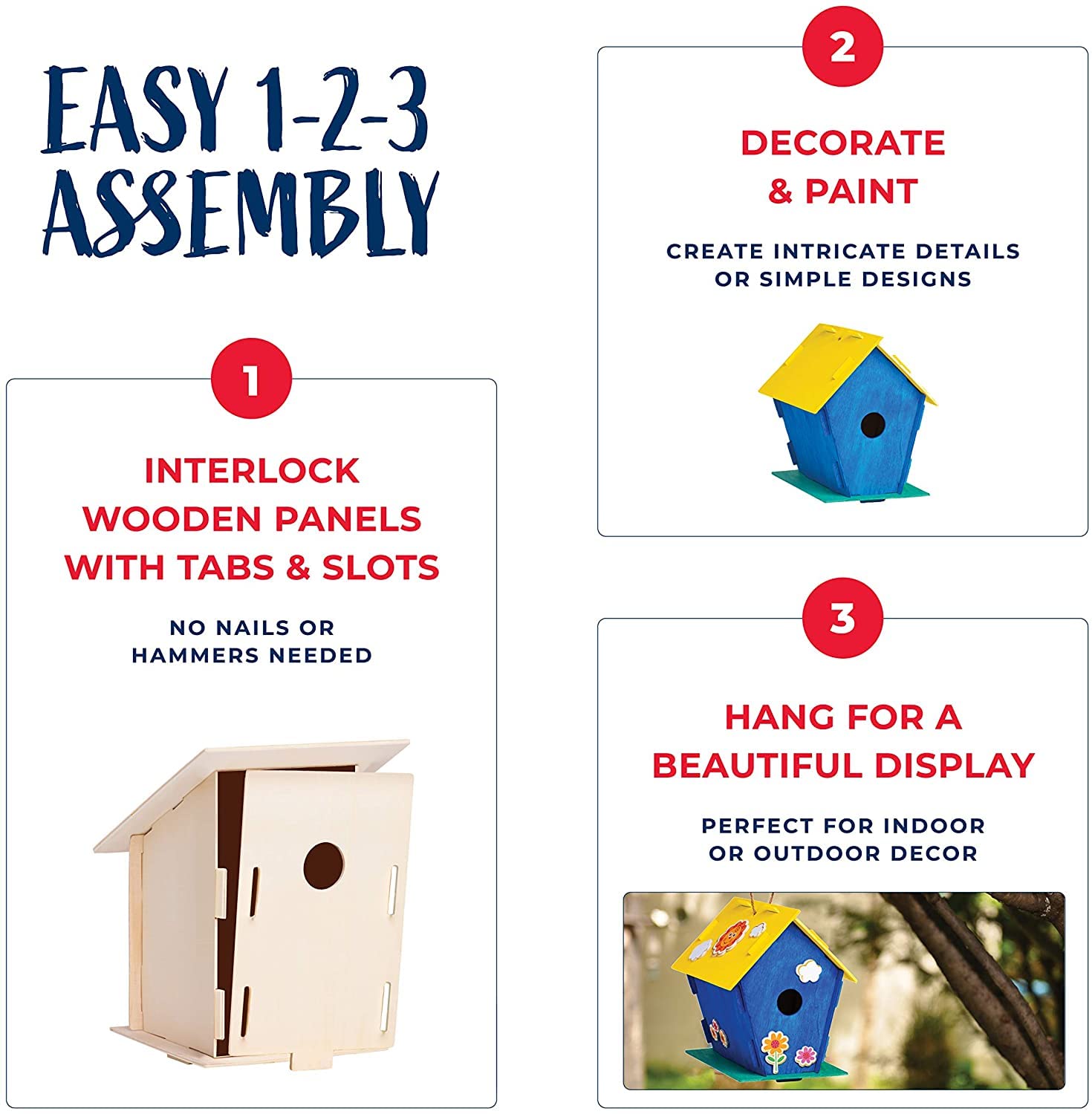 12 Wooden Birdhouses - Crafts for Girls and Boys - Kids Bulk Arts and Crafts Set - 12 DIY Unfinished Wood Birdhouse Kits, 12 Paint Strips, 12 Paintbrushes & Stickers for Children to Build & Paint