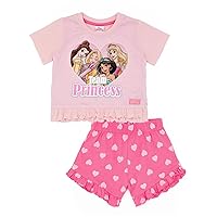 Disney Princess Girls Pyjama Set | Kids T-Shirt & Shorts PJs Loungewear | Bella Jasmine Rapunzel Aurora Cozy Pajama Gift