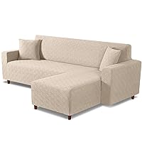 Couch Cover L Shape Washable Sofa Cover 1-Piece L Shape Sofa Slipcover Furniture Protector Stretch Couch Slipcover with 2Pcs Pillowcases(Right Facing L Shape Cover, Cream)