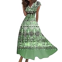 Sundresses for Women 2024 Spring Summer Wrap V Neck Sleeveless Maxi Dress,Trendy Floral Print Flowy Beach Dress