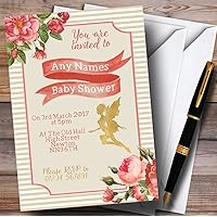 Stripy Floral Pink Gold Fairy Invitations Baby Shower Invitations