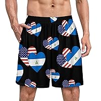 Nicaragua USA Heart Flag Men's Pajama Shorts Loungewear Elastic Waistband Beach Shorts with Pockets