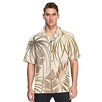 Hawaiian Men Short Sleeve Button Down Shirts Exotic Jungle Plant Leaves Tropical Beige Casual Camisetas para Gym
