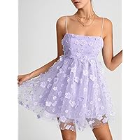 Women's Dress Applique Detail Backless Cami Mesh Dress (Color : Lilac Purple, Size : Small)