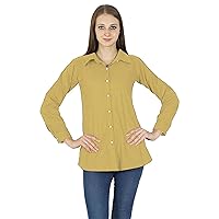 Casual Long Sleeves Boho Top for Women Shirt Collar Solid Summer Cotton Tunic Tops Light Brown