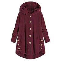 Andongnywell Women's Oversized Sherpa Hoodie Double-Sided Fleece Overcoat Single-Breasted with Pockets Coat (Wine Red,Medium)