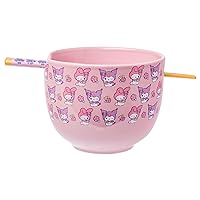 Sanrio Hello Kitty and Friends My Melody and Kuromi Pastel Flowers Ceramic Ramen Noodle Rice Bowl with Chopsticks, Microwave Safe, 20 Ounces