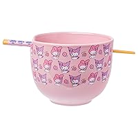Silver Buffalo Sanrio Hello Kitty and Friends My Melody and Kuromi Pastel Flowers Ceramic Ramen Noodle Rice Bowl with Chopsticks, Microwave Safe, 20 Ounces