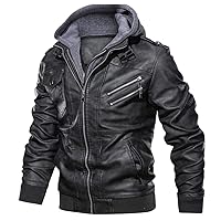 Mens Leather Jacket Winter Vintage Zipper Hoodie Color Imitation Leather Coat