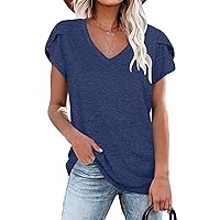 WNEEDU Womens 2024 T Shirts Petal Sleeve V Neck Casual Tees Summer Basic Tops