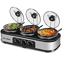 Triple Slow Cooker, 3×1.5 QT Buffet Servers and Warmers, 3 Pots Buffet Slow Cooker Adjustable Temp Lid Rests Stainless Steel Manual Silver for Parties Holidays Families