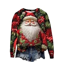 Womens Christmas Sweatshirt Round Neck Xmas 3D Graphic Print Tops Plush Size Long Sleeve Casual Sweater Pullover