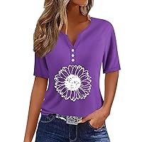 Button Neck Shirts for Women Sunflower Printing Retro Short Sleeve Tops 2024 Summer V Neck Loose Fit Tee Shirts