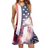 Women July 4th Dresses Summer Casual Round Neck Sleeveless American Flag Print Patriotic Beach Sundress with Pockets