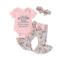 Kupretty Baby Girl Clothes Newborn Outfit Summer Short Sleeve Attitude Knit Romper Tops & Floral Flared Pants & Headband