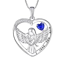 FJ Heart Mum Mother Daughter Necklace 925 Sterling Silver Guardian Angel Pendant Necklace with Birthstone Cubic Zirconia Jewellery Gifts for Mother Women