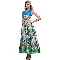 W1712 Fashion Elegant Patchwork Colors Sleeveless Print V-Neck Collect Waist Large Swing Women Tank Long Dress