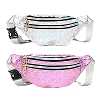 2Pcs Bum Bag Holographic Fanny Pack Chest Bag for Women Waterproof PU Shoulder Cross-Fashion Outside Chest Bag (Rose + Silver) Waist Packs