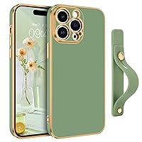 GUAGUA for iPhone 14 Pro Case with Wrist Strap Holder, Slim Soft Electroplated TPU Shockproof Protective Adjustable Wristband Kickstand Case for iPhone 14 Pro 6.1’’, Matcha Green