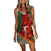 Women Summer Dresses Sleeveless Mini Dress Casual Drawstring Sundresses Spaghetti V Neck Swing Dress with Pockets