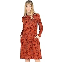 Women’s Midi Leopard Dress Long Sleeves High Waist Dress with Pocket Turtleneck A-Lined Dress
