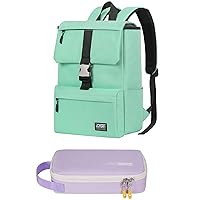 ECHSRT 16 inch Laptop Backpack Water Resistant Casual Daypack Bag & Large Pencil Case Pen Pouch Stationery Bag with Handle 2pack Green & Light Purple