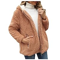 Women's Winter Fleece Hoodie Coat Casual Overcoat Warm Long Sleeve Zipper Solid Outwear with Pocket Lightweight Coat