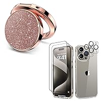 MIODIK Bundle - for iPhone 15 Pro Max Case Clear + Phone Ring Holder (Rose Gold), with 2Pcs Screen Protector & 2Pcs Camera Lens Protector, Protective Shockproof for Women