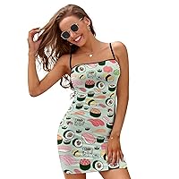 Sushi Pattern Women's Sexy Dress Spaghetti Strap Backless Lace Up Party Sundress Coquette