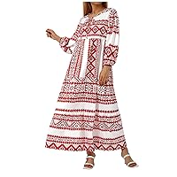 Boho Dresses for Women 2024 Trendy, Loose Bohemian Floral Dress Summer Beach Dress Swing Flowy Long Maxi Casual Dress(2-Wine,Large)