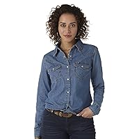 Womens Retro Long Sleeve Western Snap Shirt Mid Denim