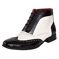Men's Smart Casual Shiny Black and White Leather Lined Shoes Party Lace Up Brouge Ankle Derby Oxford Boots