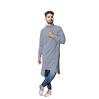 Indian Men's Cotton Shirt Solid Grey Color Tunic Trail Cut Kurta Plus Size