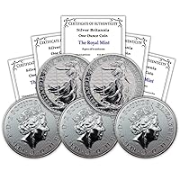 2022 Lot of (5) 1 oz Silver Britannia Coins Brilliant Uncirculated with a Certificate of Authenticity £2 BU