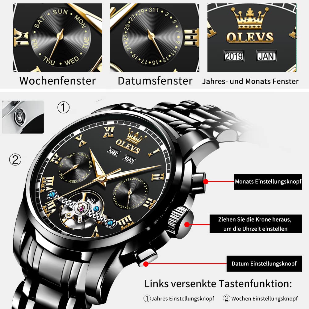 OLEVS Herrenuhren Automatik Gold Schwarz Mechanische Armbanduhr mit Tourbillon Kalender Wasserdicht Leuchtende Zweifarbige Uhren Männer