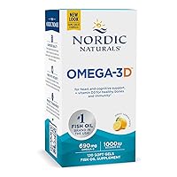 Omega-3D, Lemon Flavor - 120 Soft Gels - 690 mg Omega-3 + 1000 IU Vitamin D3 - Fish Oil - EPA & DHA - Immune Support, Brain & Heart Health, Healthy Bones - Non-GMO - 60 Servings