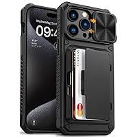 Vihibii for iPhone 15 Pro Max Case with Card Holder (4 Cards) & Slide Camera Cover & Kickstand, Military Grade Drop Protection, Rugged Hard Back & Silicone Edge Wallet Phone Case, 6.7