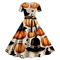 Black Halloween Dress, Women's Fashion Printed Sexy Gothic Cocktail Dress Punk, Vintage Gothic Costumes for Women Below The Knee Dresses Date Night Classy Wedding Gothic (L, Orange)