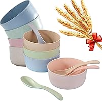 Unbreakable Cereal Bowls of 8, 20 oz Reusable Wheat Straw Bowls Complimentary 8 Matching Spoons, Plastic Bowls Microwave and Dishwasher Safe for Serving Soup, Oatmeal, Pasta and Salad (4 Color)