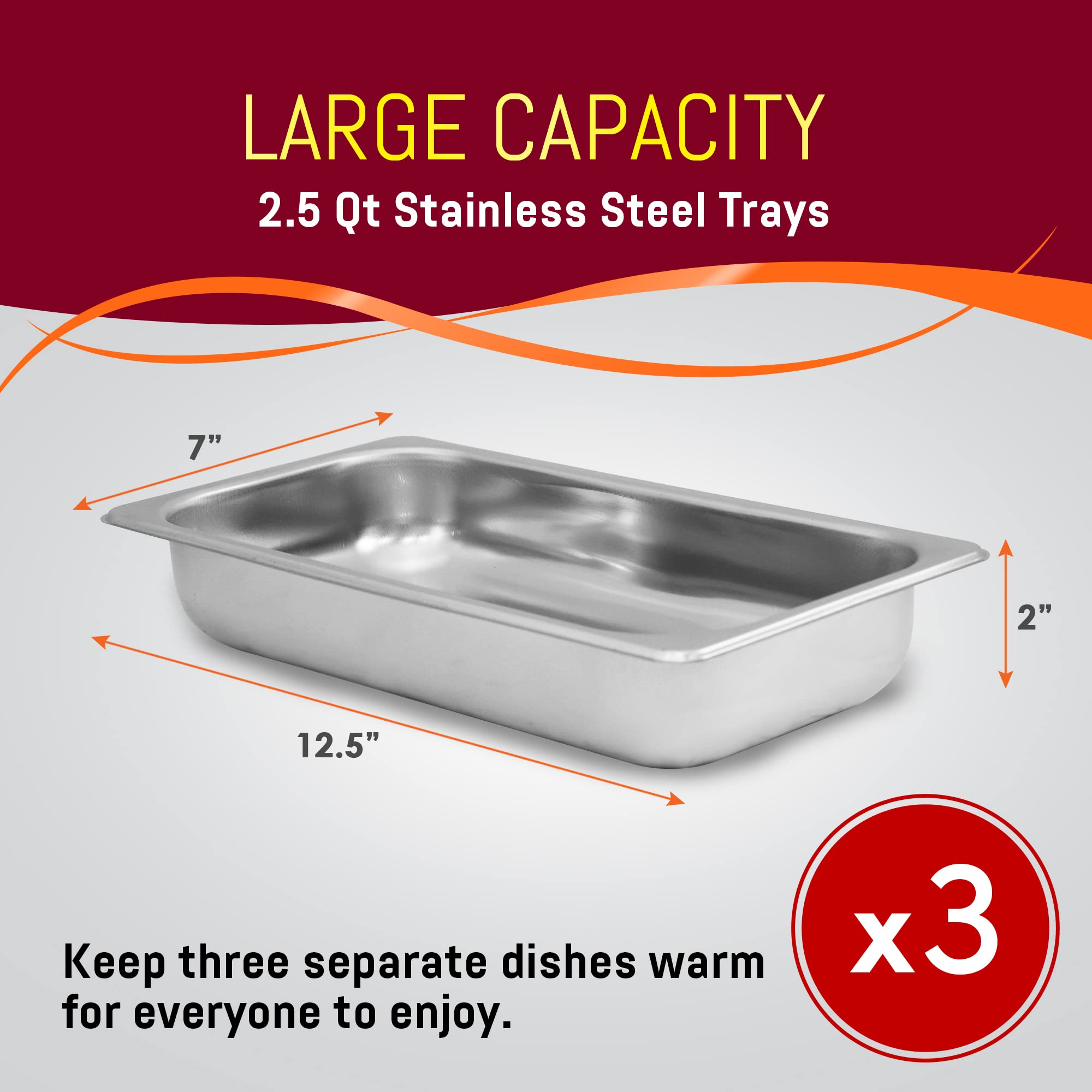 Elite Gourmet EWM-6171 Triple 3 x 2.5 Qt. Trays, Buffet Server, Food Warmer Temperature Control, Clear Slotted Lids, Perfect for Parties, Entertaining & Holidays, 7.5 Qt Total, Stainless Steel