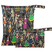 visesunny Day Of The Dead Skeleton Dance 2Pcs Diaper Changing Totes Wet Bags with Zippered Pockets Washable Reusable Roomy Cloth Diaper for Travel,Beach,Daycare,Stroller,Dirty Gym Clothes,Wet Swimsuit