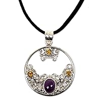 NOVICA Artisan Handmade Citrine Amethyst Floral Necklace .925 Sterling Silver Bali Jewelry Purple Yellow Pendant Cord Indonesia 'Frangipani Moon'