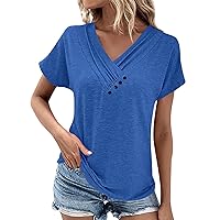 Gifts for Women,Womens Tops Trendy Short Sleeve V Neck Pleated Button Going Out Tops for Women Casual Summer Blouse Mama Sweatshirt