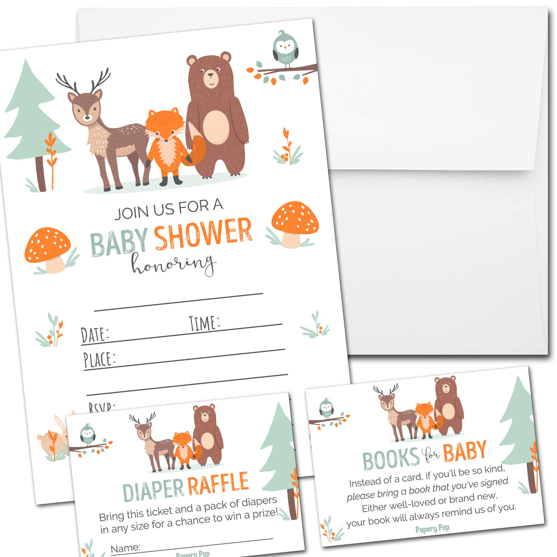 Set of 25 Baby Shower Invitations for Boy or Girl with Envelopes, Diaper Raffle Tickets and Baby Shower Book Request Cards - Gender Neutral Woodland Animals