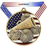 Cheer Patriotic Medal - 2.75 Inch Wide Spirit Medallion with Stars and Stripes American Flag V Neck Ribbon