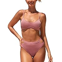 CUPSHE Women's High Waisted Bikini Comfort Double Back Hook Swimsuit,M Pink