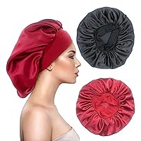 2PCS Large Satin Silk Hair Bonnet for Sleeping,Elastic Wide Band Bonnets for Black Women,Silk Hair Wrap Night Sleep Caps for Women Curly and Natural Hair(Black,Wine Red)