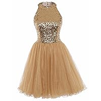 Women's 2019 Sexy Halter Sequined Homecoming Dress Tulle Empire Waist Short Party Gown