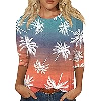 Trendy Tops for Women,Women Casual Summer Plus Size Floral Shirt Womens Tops 3/4 Sleeve Crewneck Blouses Dressy Casual